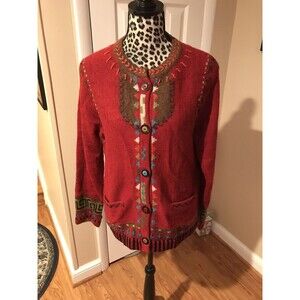 Icelandic Design Sweater Sz Medium Orange Embroidered Beaded Lined Cardigan YC